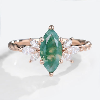 Unique Marquise Moss Agate Ring Twisted Engagement Ring