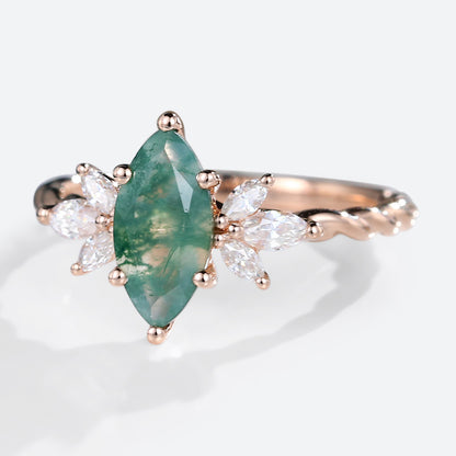 Unique Marquise Moss Agate Ring Twisted Engagement Ring