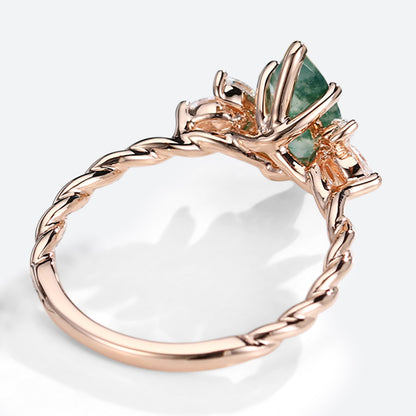 Unique Marquise Moss Agate Ring Twisted Engagement Ring