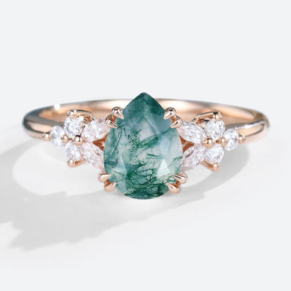 Vintage Pear Moss Agate Twisted Engagement Ring