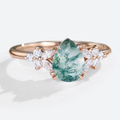 Vintage Pear Moss Agate Twisted Engagement Ring