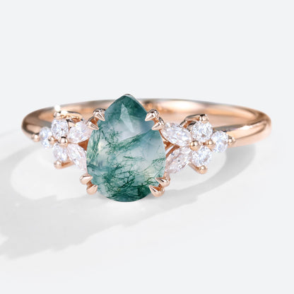 Vintage Pear Moss Agate Twisted Engagement Ring