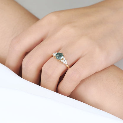 Unique Hexagon Moss Agate Simple Engagement Ring