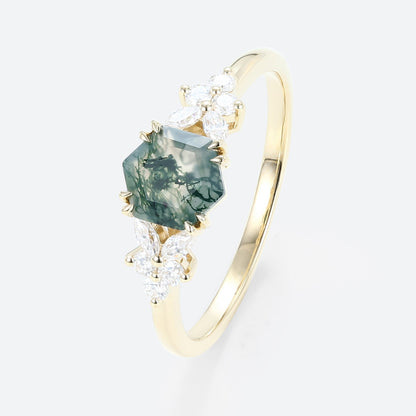 Unique Hexagon Moss Agate Simple Engagement Ring