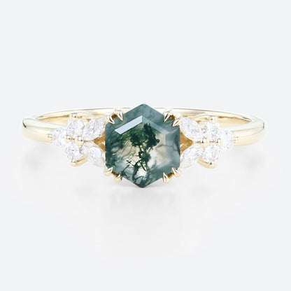 Unique Hexagon Moss Agate Simple Engagement Ring