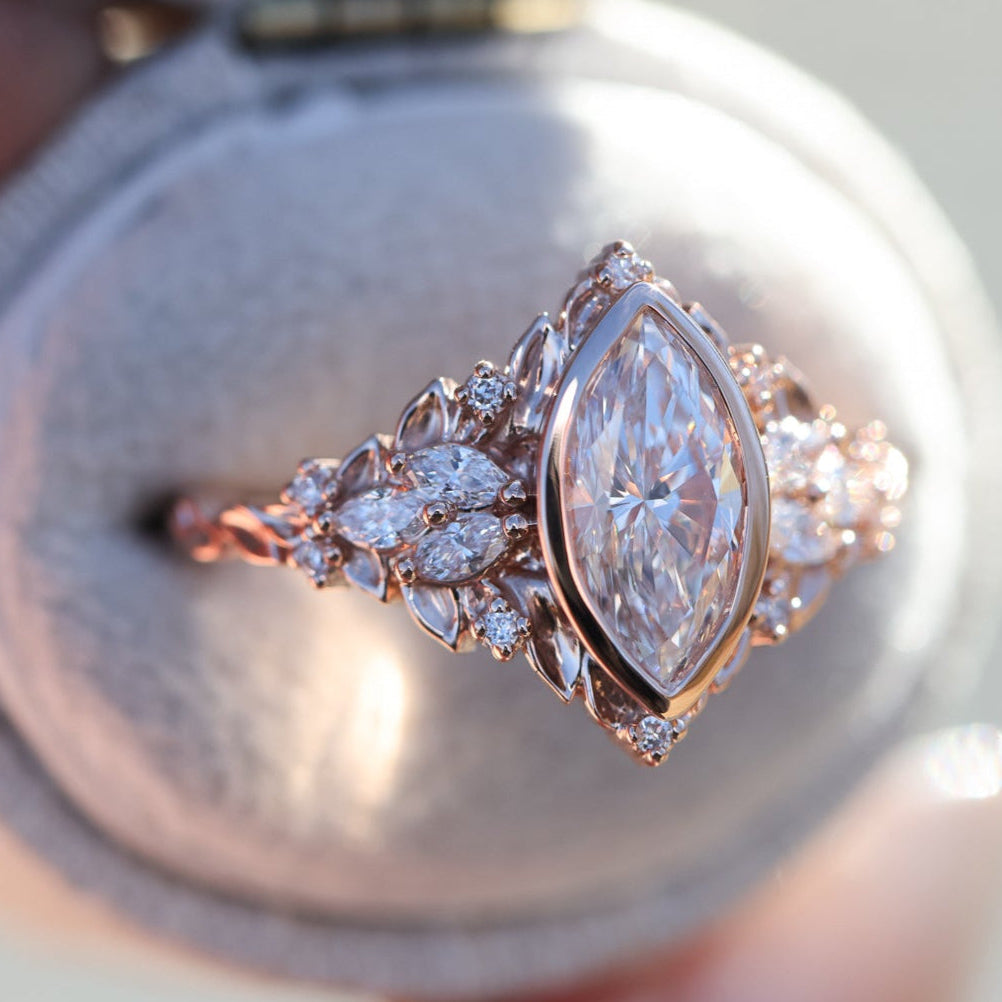 Unique Briar Rose Starlight Bezel Marquise Moissanite Ring