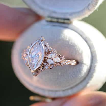 Unique Briar Rose Starlight Bezel Marquise Moissanite Ring
