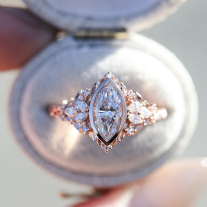 Unique Briar Rose Starlight Bezel Marquise Moissanite Ring