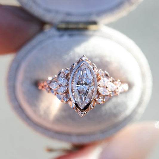 Unique Briar Rose Starlight Bezel Marquise Moissanite Ring