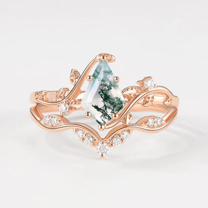 Unique Green Vine Kite Moss Agate Leafy Engagement Ring Set