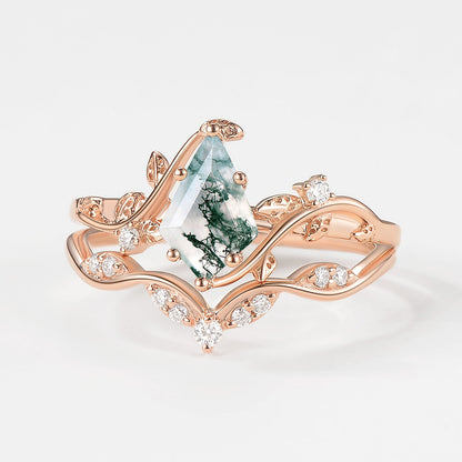 Unique Green Vine Kite Moss Agate Leafy Engagement Ring Set