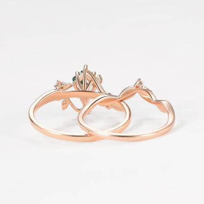 Unique Green Vine Kite Moss Agate Leafy Engagement Ring Set