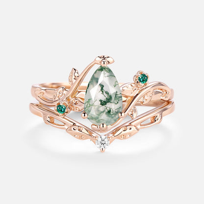 Unique Leafy & Floral Pear Shaped Moss Agate Engagement Ring Set