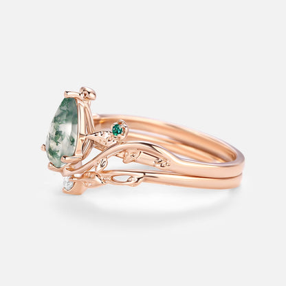 Unique Leafy & Floral Pear Shaped Moss Agate Engagement Ring Set