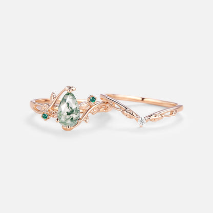 Unique Leafy & Floral Pear Shaped Moss Agate Engagement Ring Set