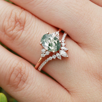 Unique Oval Moss Agate Classic Cluster Ring Set