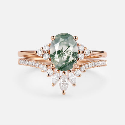 Unique Oval Moss Agate Classic Cluster Ring Set