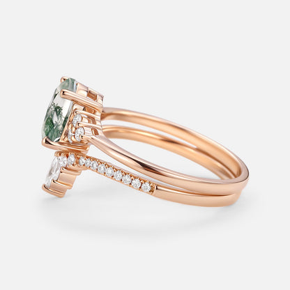 Unique Oval Moss Agate Classic Cluster Ring Set
