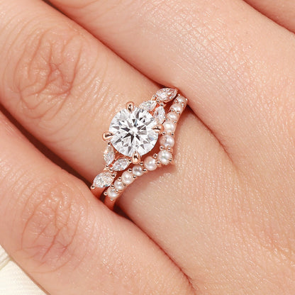 Unique floral engagement rings Round Moissanite and Pearl Engagement Ring Set