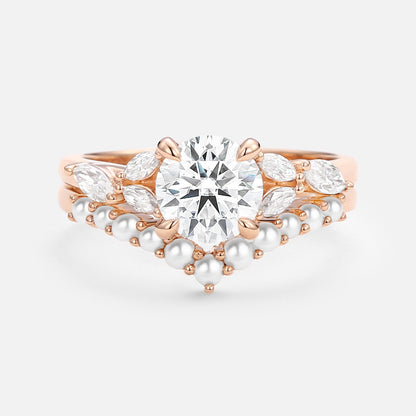 Unique floral engagement rings Round Moissanite and Pearl Engagement Ring Set