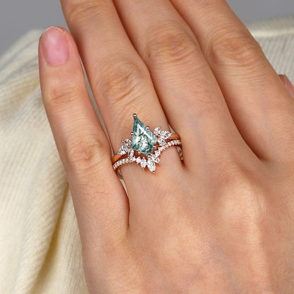 Unique Kite Cut Moss Agate Butterfly Engagement Ring Fairy Ring Set