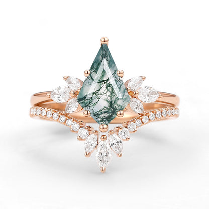 Unique Kite Cut Moss Agate Butterfly Engagement Ring Fairy Ring Set
