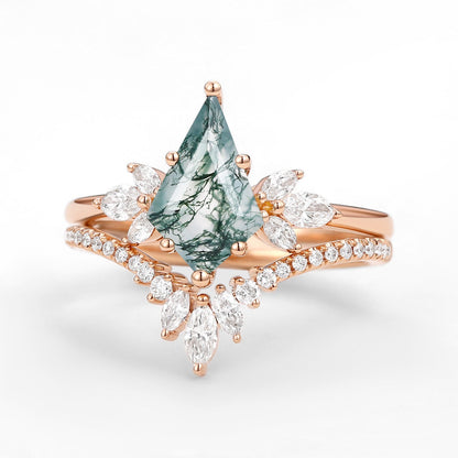 Unique Kite Cut Moss Agate Butterfly Engagement Ring Fairy Ring Set