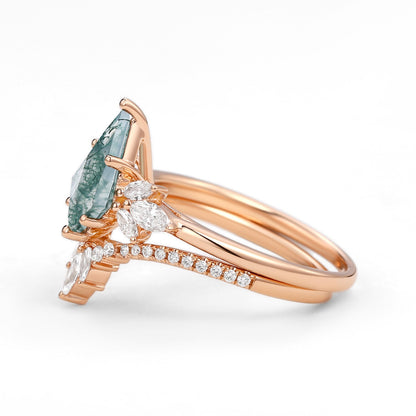 Unique Kite Cut Moss Agate Butterfly Engagement Ring Fairy Ring Set