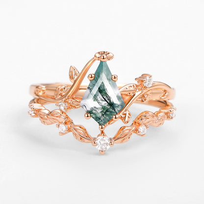 Unique Vine Leafy Kite Cut Moss Agate Engagement Ring Set