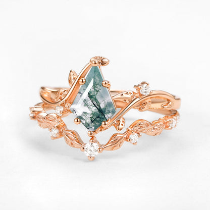 Unique Vine Leafy Kite Cut Moss Agate Engagement Ring Set