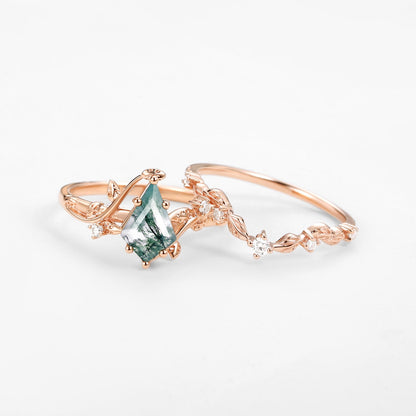 Unique Vine Leafy Kite Cut Moss Agate Engagement Ring Set