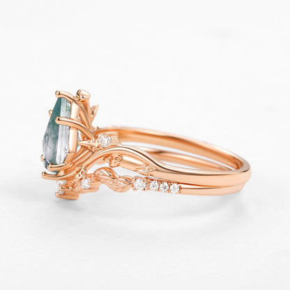 Unique Vine Leafy Kite Cut Moss Agate Engagement Ring Set