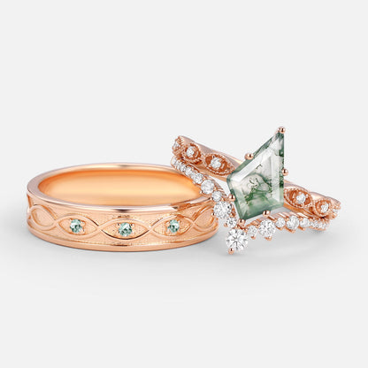 Vintage Kite Cut Moss Agate Couple Ring Set