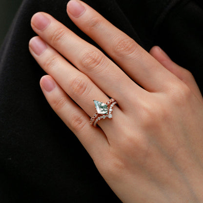 Vintage Kite Cut Moss Agate Couple Ring Set