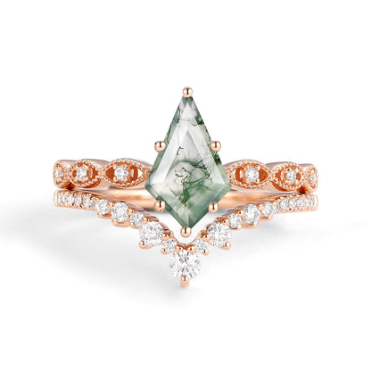 Vintage Kite Cut Moss Agate Couple Ring Set