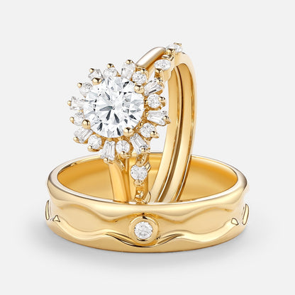 Unique Round Moissanite Halo Floral Ring Set