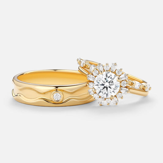 Unique Round Moissanite Halo Floral Ring Set