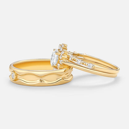 Unique Round Moissanite Halo Floral Ring Set