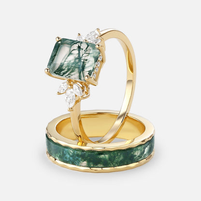 Unique Emerald Cut Moss Agate Yellow Gold Couple Ring Set