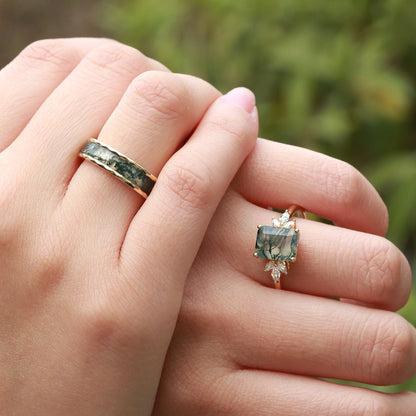 Unique Emerald Cut Moss Agate Yellow Gold Couple Ring Set