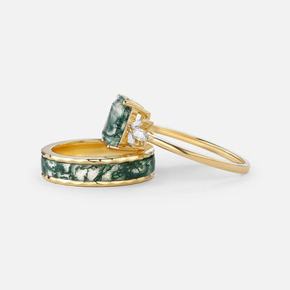 Unique Emerald Cut Moss Agate Yellow Gold Couple Ring Set