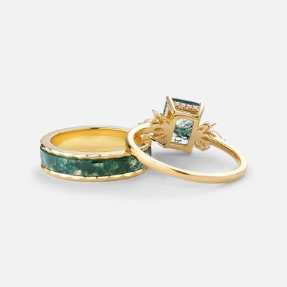 Unique Emerald Cut Moss Agate Yellow Gold Couple Ring Set