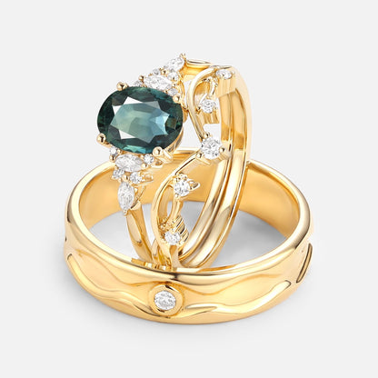 Unique Oval Green Sapphire Leafy Couple Ring Set