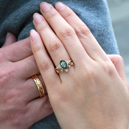 Unique Oval Green Sapphire Leafy Couple Ring Set