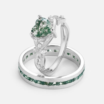 Unique Heart Shape Moss Agate Infinity Couple Ring Set