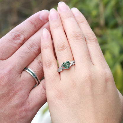 Unique Heart Shape Moss Agate Infinity Couple Ring Set