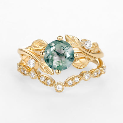 Unique Round Cut Moss Agate Leafy Four Prongs Ring Set