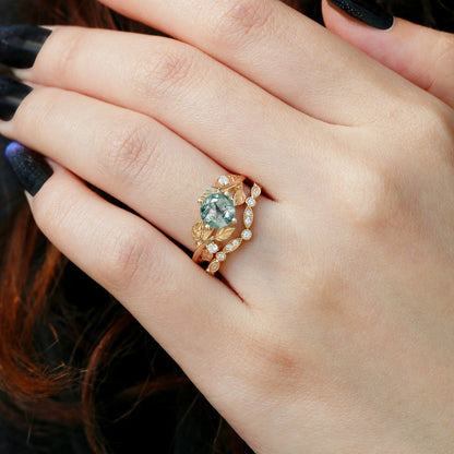 Unique Round Cut Moss Agate Leafy Four Prongs Ring Set