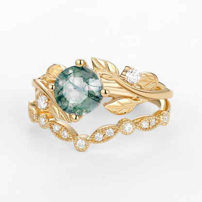 Unique Round Cut Moss Agate Leafy Four Prongs Ring Set