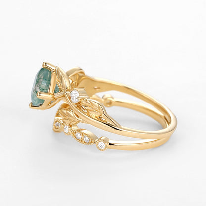 Unique Round Cut Moss Agate Leafy Four Prongs Ring Set